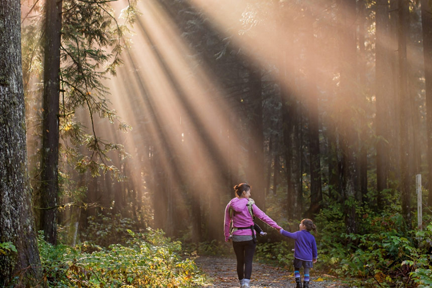 Woman and daughter walking in the woods with rays of sunlight