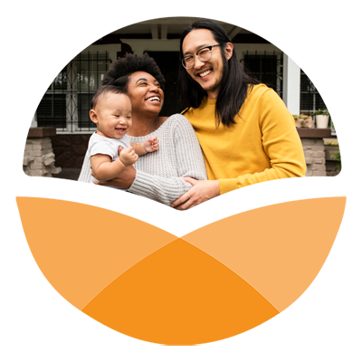 Orange stylized circle with photo in top portion of African American woman and Asian American man with their infant