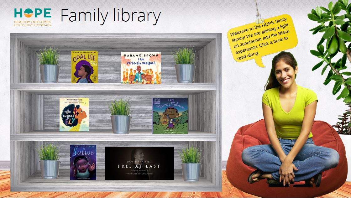 Women sitting next to bookshelf