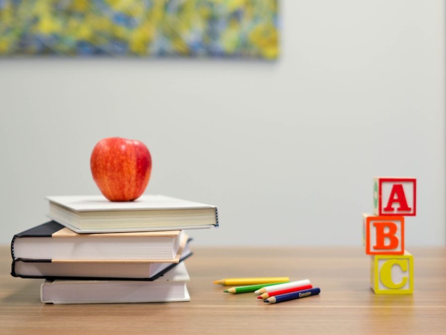 School supplies on a desk.