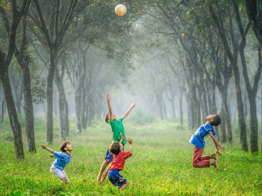 Boys jumping in a field